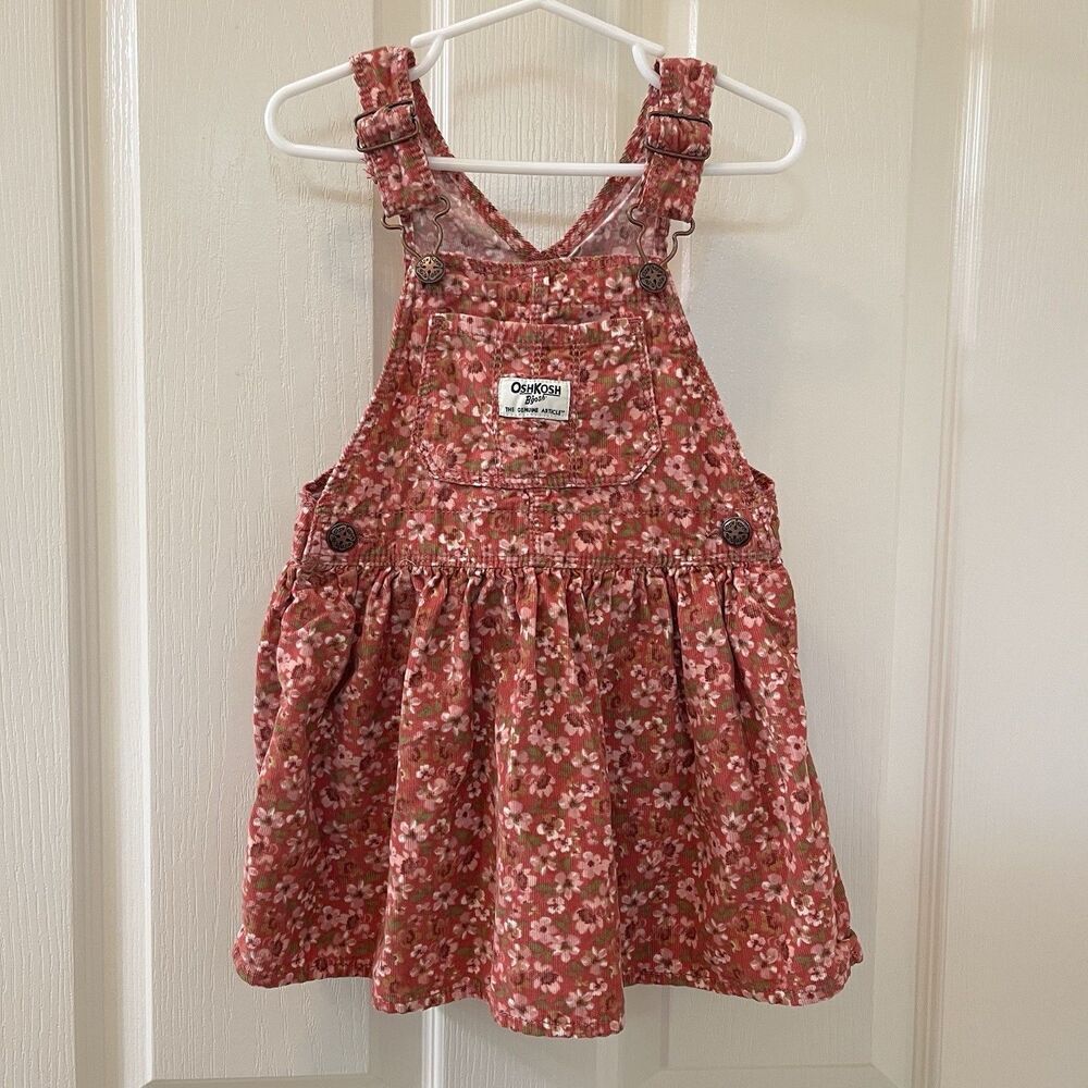 Oshkosh B'gosh Pink Floral Corduroy Overall Dress Jumper Girls Size 3T